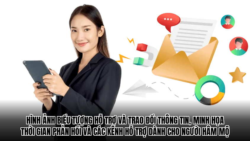 Hình ảnh biểu tượng hỗ trợ và trao đổi thông tin, minh họa thời gian phản hồi và các kênh hỗ trợ dành cho người hâm mộ